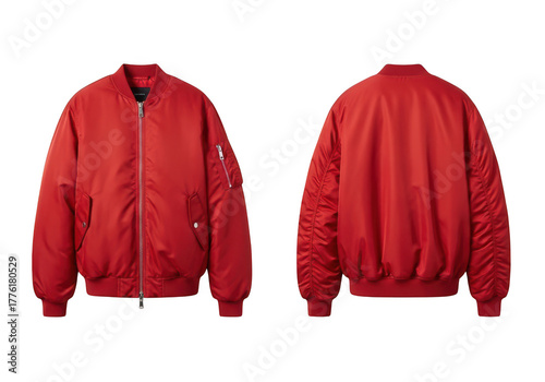 Front and back view of a red bomber jacket on a black background