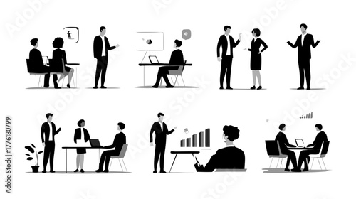 Set of diverse business people in various scenarios: meetings, presentations, teamwork, discussions. Corporate vector illustrations.