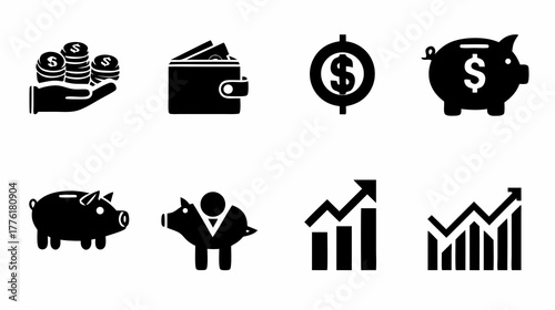 Financial Management Icons Set. Money, Savings, Investment, and Economy Symbols. Business and Banking Concept Vector Graphics.