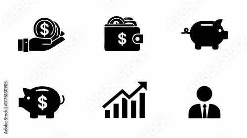 Business and Finance Vector Icons Set: Money, Savings, Investment, Economic Growth, and Professional Glyphs