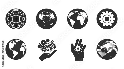 Global Earth and hand-gear icons set, symbolizing sustainable development, technology, environment, and worldwide business solutions.