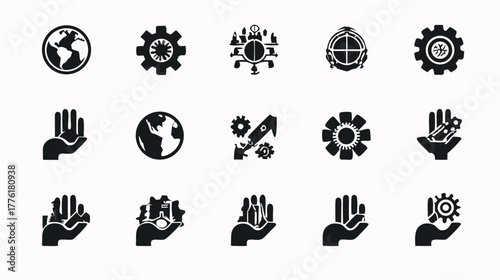 Global Business and Technology Icon Set: Gears, World, and Hands Illustrating Innovation, Management, and Strategic Solutions Vector
