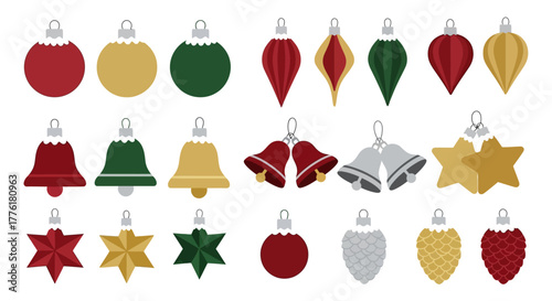 Assorted Christmas ornaments in red gold green and silver arranged in rows