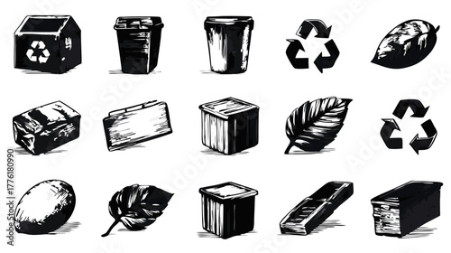 Hand-drawn sketch icons of recycling bins, cups, containers, and natural leaves. Eco-friendly elements for sustainability and waste management design.