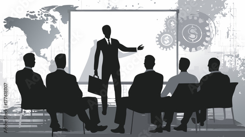 Professional business team meeting illustration with a presenter outlining global strategy, finance, and development concepts