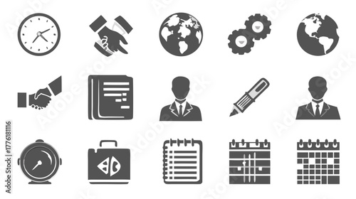 Collection of flat design business icons including time, global collaboration, finance, project management, and administration symbols.