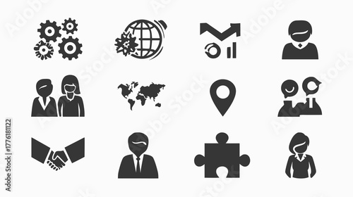 Vector business and technology icons set for global strategy, team collaboration, data analysis, and professional concepts.