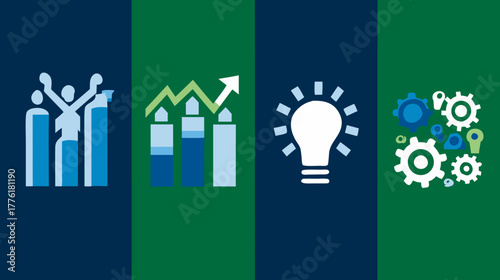Business concept vector icons: success, growth, ideas, and process. Teamwork, innovation, and strategic development. Digital illustration.