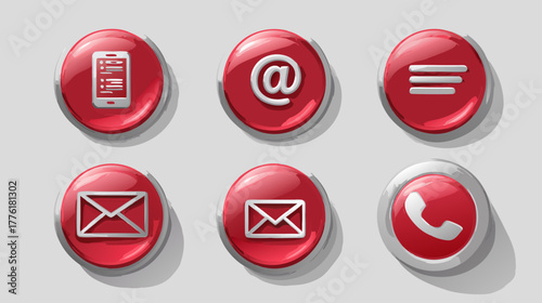 Set of Red Glossy 3D Contact & Communication Icons for Web and App Interface Design Elements