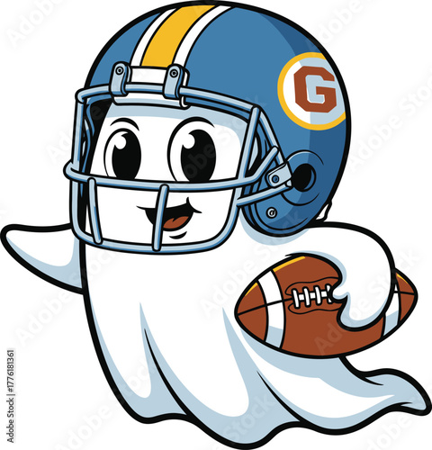 Spooky ghost mascot with football helmet and ball funny cartoon isolated on transparent background