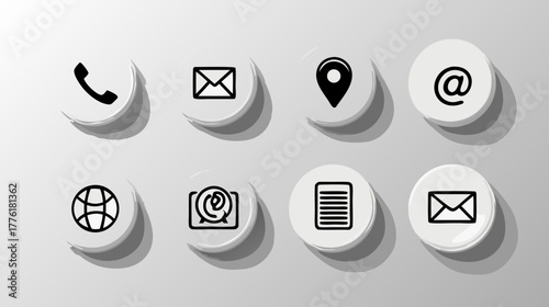 3D rendered white contact and communication icons set for web design, business, social media, and digital interface