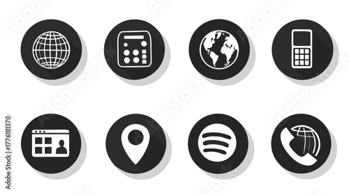 Set of black and white round vector icons for web, communication, business, technology, and contact. Digital graphic elements.