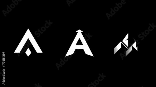 Set of abstract geometric letter A and arrow designs. Modern minimalist white vector icons on black background.