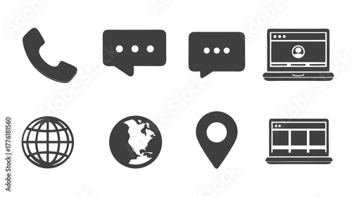 Digital communication icons set: phone, message, laptop, global internet, and location symbols for web and app interfaces.