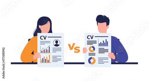 Male and female candidates competing for a job, holding their resumes with a versus sign between them for comparison.