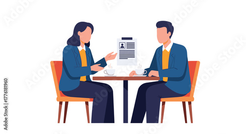 Human resources manager conducting a job interview with a male applicant in a casual cafe setting, discussing his resume.