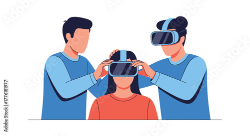 Team of developers helping a woman experience virtual reality for the first time, exploring metaverse and new technologies.