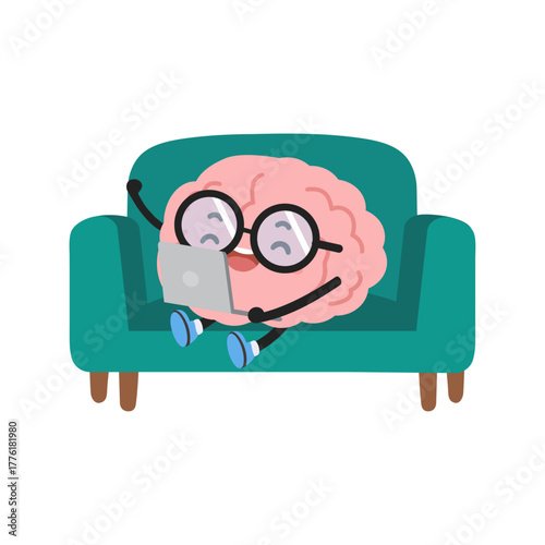 Brain Cartoon Character Working on Laptop
