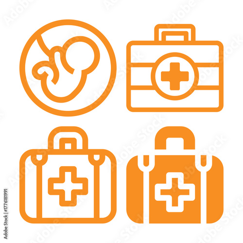 A collection of four orange icons representing medical symbols, including a stomach and three variations of a first aid kit.