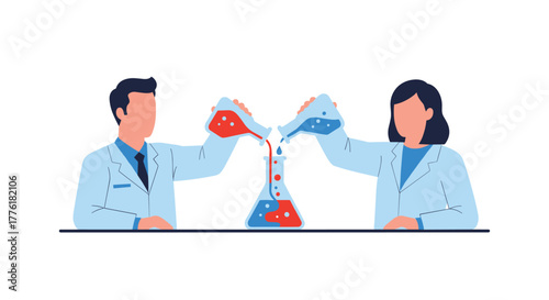 Male and female scientists combining red and blue chemicals in a laboratory, representing collaboration, experiment and discovery.