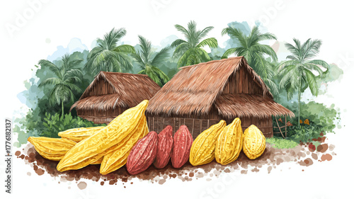 Cacao Hmong Village. Cacao Hmong Village hand drawn watercolor illustration