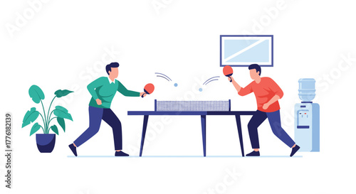 Male colleagues enjoying a friendly game of table tennis in the office break room, promoting a healthy and fun work culture.