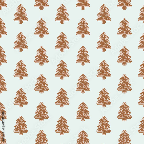 Seamless pattern with gingerbread Christmas trees. Cute festive background for holiday design, wrapping paper, textile, or greeting cards. Vector illustration in warm brown tones on light background