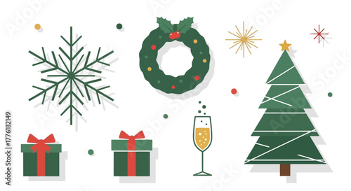 Christmas icons snowflake wreath gifts champagne tree and sparklers on a white background