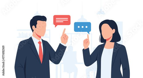 Professional man and woman engaged in an active business discussion, pointing up to emphasize their ideas and arguments.