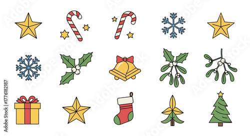 Christmas icons star candy cane snowflake holly bell mistletoe gift stocking tree