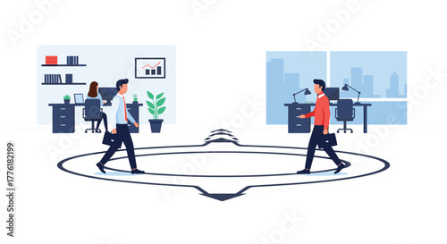 Businessmen walking in a continuous loop between two offices, illustrating the daily routine, cycle of work, or job rotation.