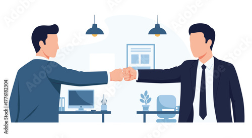 Two professional businessmen in suits celebrating a successful deal or project with a supportive fist bump in the office.