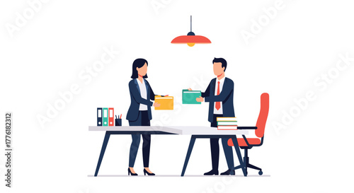 Professional man and woman in an office exchanging documents, symbolizing the handover of a project or responsibilities.