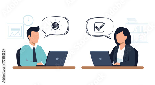 Colleagues collaborating on a project, with the man generating an idea and the woman approving it, showing effective teamwork.