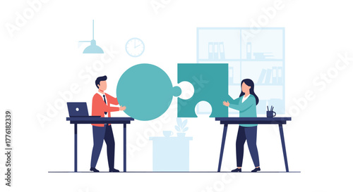 Male and female colleagues in an office connecting two giant puzzle pieces, symbolizing teamwork, solutions and successful partnership.