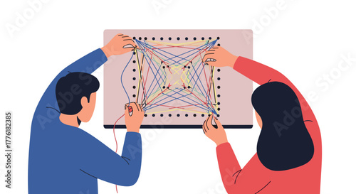 Man and woman working together to create a complex network with colorful strings, symbolizing connection and collaboration.