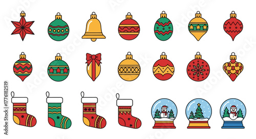 Christmas ornaments stockings  snowglobes are arranged in neat rows against a bright white background