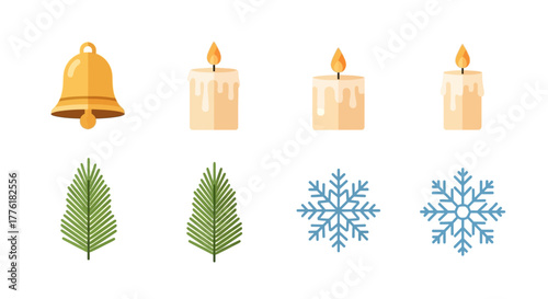 Christmas themed icons bell three candles two trees and two snowflakes