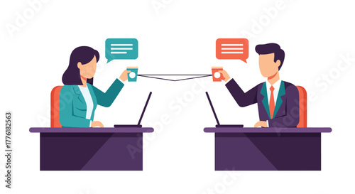 Business colleagues communicating over a string-and-cup telephone while working on laptops, illustrating creative connection.