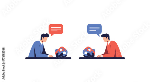 Two men engaged in a deep discussion, symbolizing an exchange of ideas with abstract brain illustrations and speech bubbles.