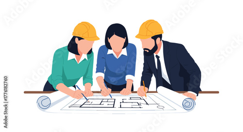 Team of architects and engineers in hard hats collaborating and reviewing a building blueprint for a construction project.