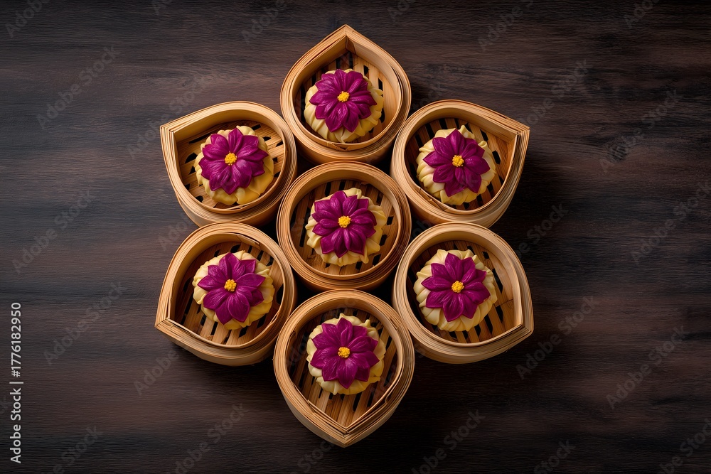 Fototapeta premium Flower Shaped Dumplings in Bamboo Steamers on Dark Wood Surface