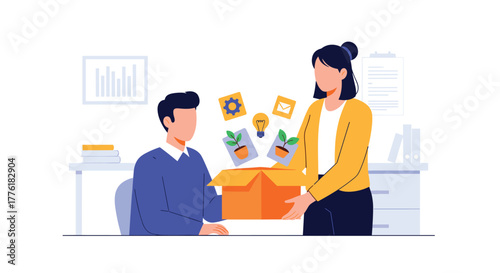 Human resources manager presenting an onboarding package to a new employee, filled with company knowledge and resources.