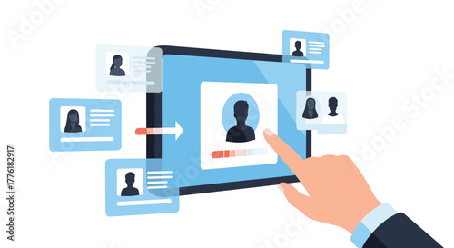 Recruiter's hand swiping through digital candidate profiles on a tablet, using an applicant tracking system for hiring.
