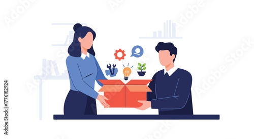 Manager providing a new male employee with a starter kit box full of tools and resources for a successful onboarding.