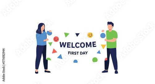 Two colleagues holding a 'Welcome First Day' banner to greet a new employee, fostering a positive onboarding experience.
