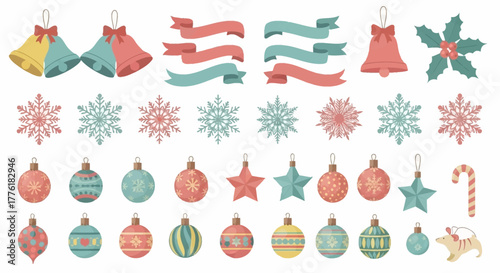 Christmasthemed clip art with bells ribbons snowflakes ornaments and a candy cane