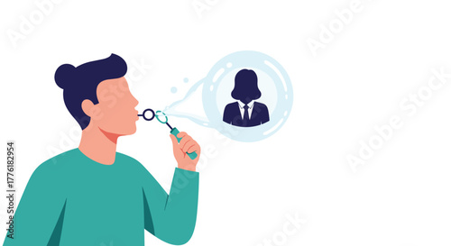 Young man blowing a bubble that forms into the shape of a businesswoman's profile, symbolizing creation of a persona or idea.