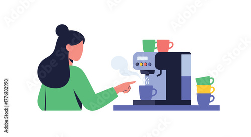 Female employee taking a short break to make a fresh cup of coffee from an espresso machine in the office kitchen.