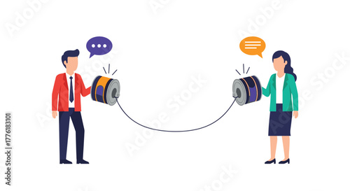 Businessman and businesswoman communicating through a tin can telephone, symbolizing simple or direct communication methods.